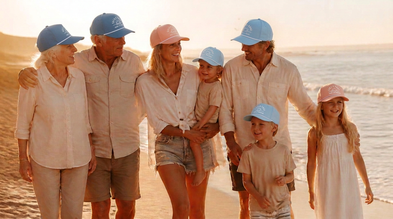 Multi-generational American family walking on the beach at golden hour wearing trucker hats
