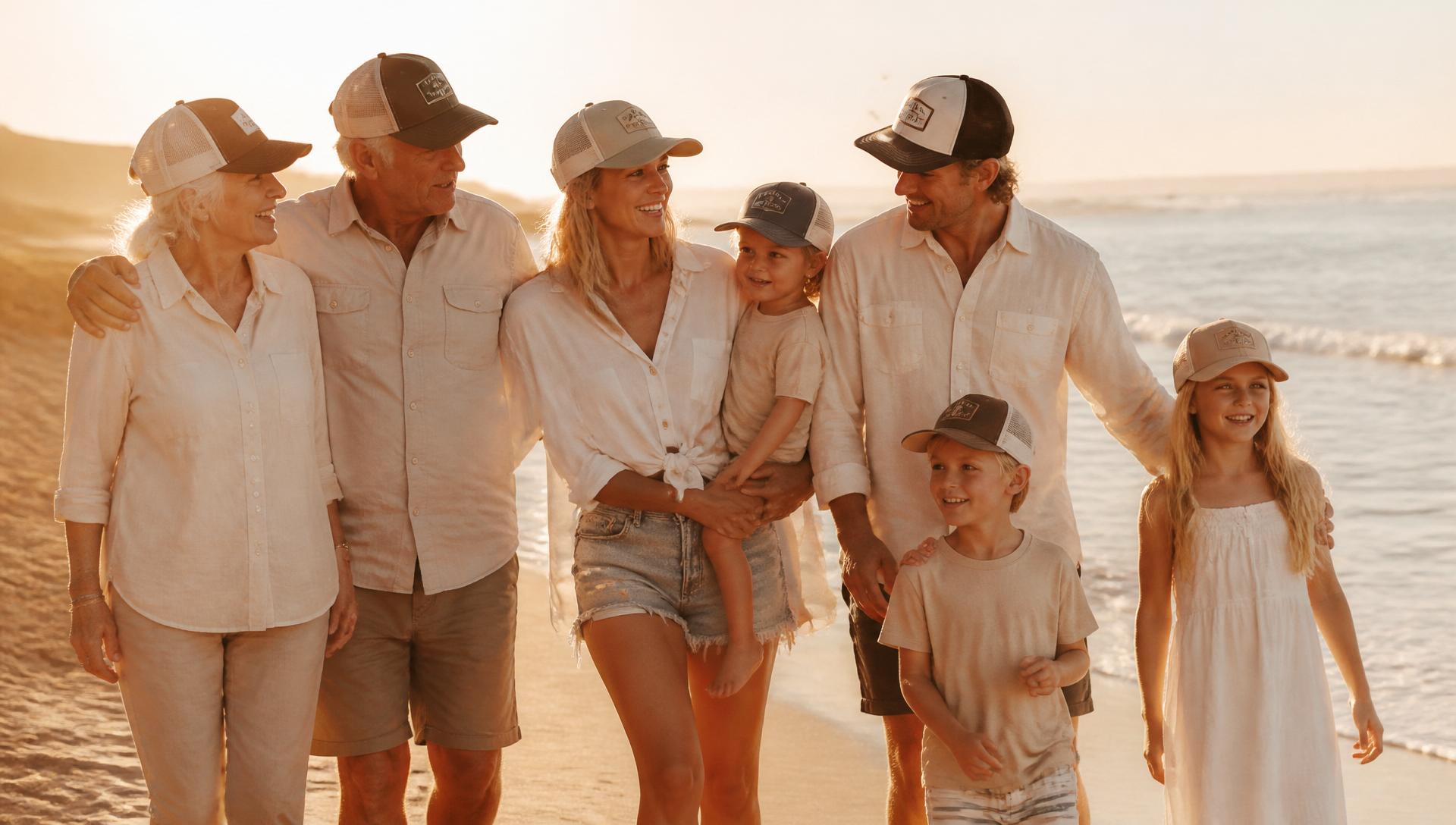 Multi-generational American family walking on the beach at golden hour wearing trucker hats